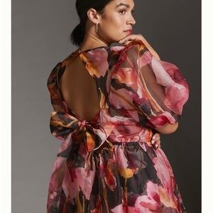 By Anthropologie Puff-Sleeve Organza Midi Dress